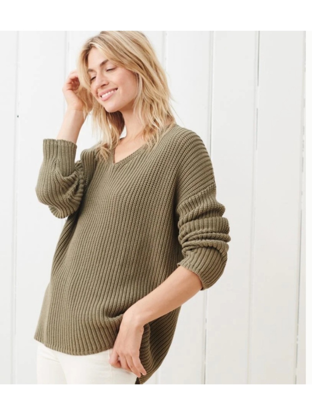 Jenni Kayne Cotton Cabin Vneck Fisherman Sweater in Sage Size Large